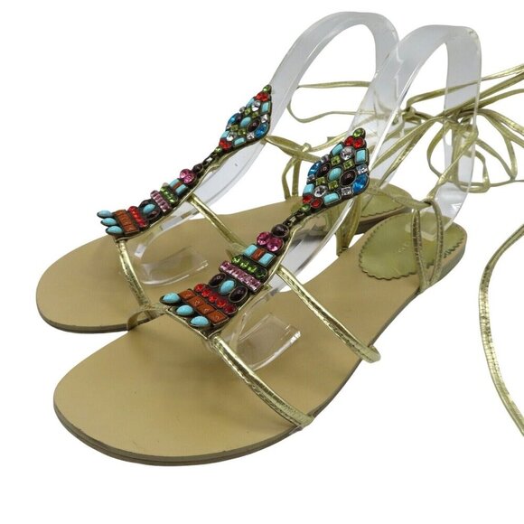 Express Womens 9 Lace Up Gladiator Flat Sandals Multicolor Rhinestone Gems Gold - Picture 1 of 9